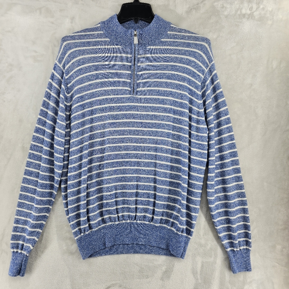 Peter Millar Sweater Mens XL Blue Striped Merino Wool Linen Blend Quarter Zip